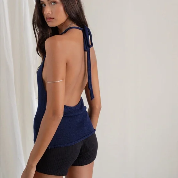 Motel Rocks Priscilla Halter Top in Sheer Knit Navy Blue - Picture 2 of 7